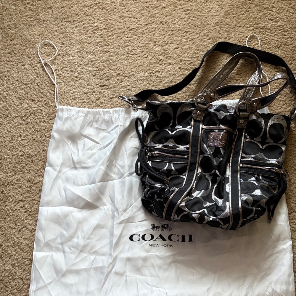 Coach Black and Silver Patterned Shoulder Bag